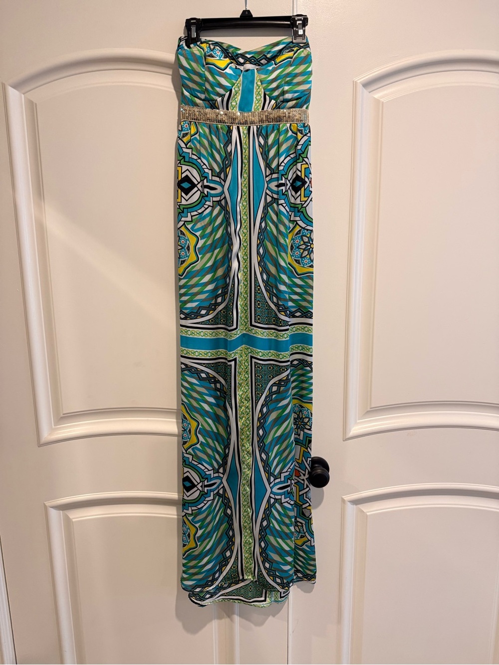 2B Bebe Strapless Green & Blue Printed Maxi Dress size XS